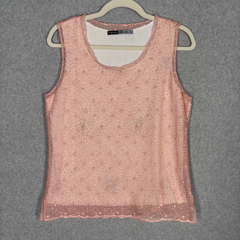 Fibers Barbara Lesser Lace Mesh Tank Top Medium Pink Glitter Dainty Coquette